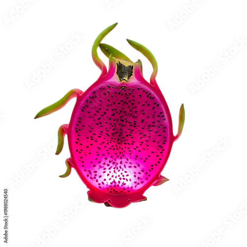 Vibrant pink dragon fruit cut in half on white background