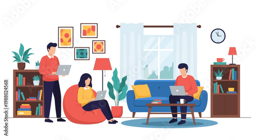 People working on laptops in a cozy living room setting.