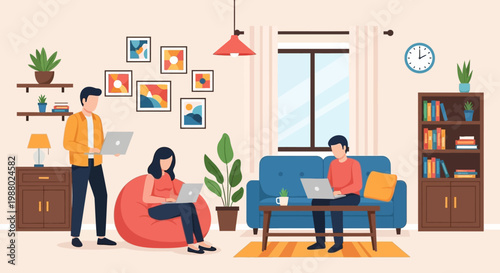 People working on laptops in a cozy living room setting.