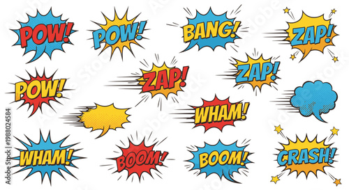 Colorful comic book onomatopoeia sound effects and speech bubbles set