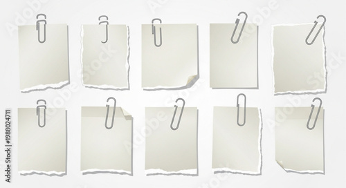 Collection of ten blank torn paper notes attached with metal paperclips on a white background.