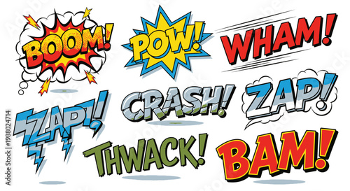 Colorful comic book onomatopoeia sound effects collection on white background