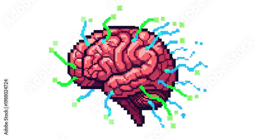 Pixel Art Brain with Neural Network Connections.