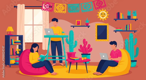 People working and studying in a cozy home office environment.