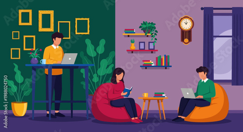 People working remotely in a modern co-working space.