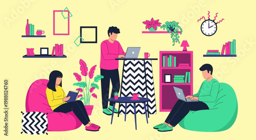 People working and studying in a cozy home office environment.