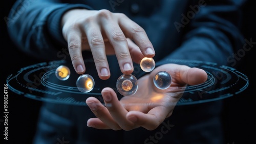 Futuristic digital interface with glowing glass spheres, hands interacting with holographic data rings, concept of advanced technology and innovation