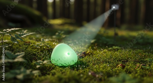Glowing green egg on mossy forest floor