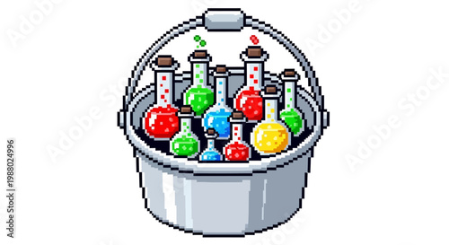 Pixel Art Bucket Filled With Colorful Chemical Potions.