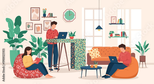 People working remotely in a modern co-working space.