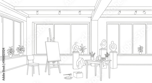 Detailed Line Art Illustration of an Empty Art Studio or Gallery Interior with Easel, Sculptures, and Large Windows