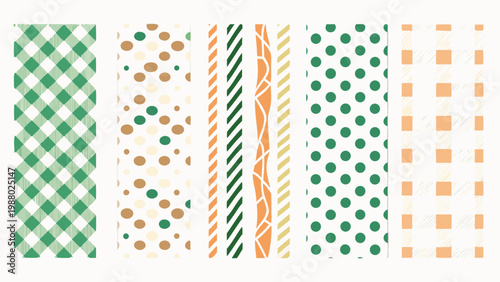 A collection of colorful patterned ribbons displayed vertically against a cream background