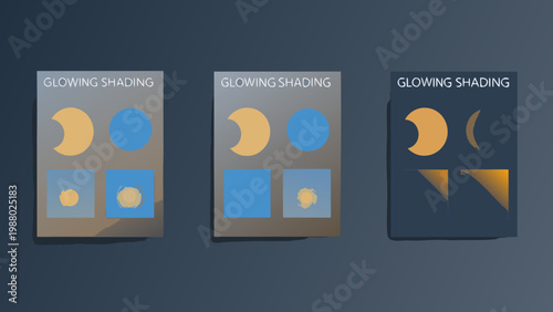 Abstract geometric composition featuring glowing shading and layered shapes in blue and gold