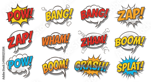 Colorful comic book onomatopoeia sound effects set on white