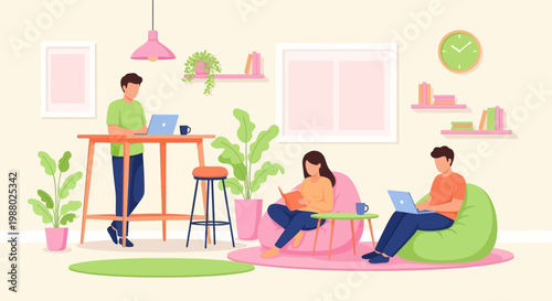 People working remotely in a modern home office setting.