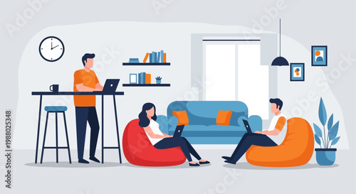 People working on laptops in a modern co-working space.