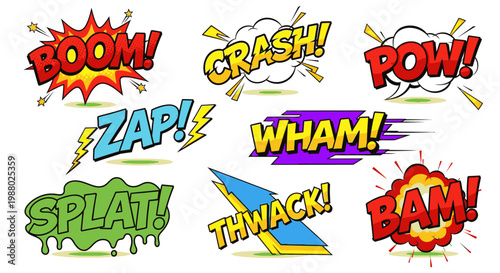 Colorful comic book onomatopoeia sound effects set on white