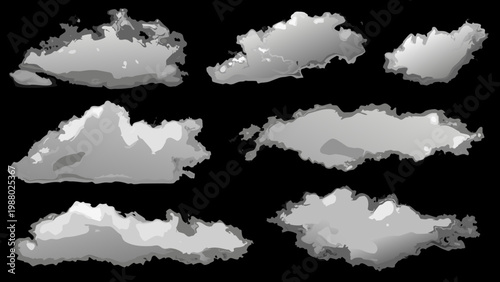 A collection of grayscale cloud shapes against a solid black background