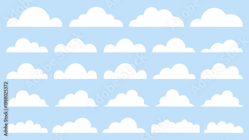 A collection of simple white cloud shapes arranged in neat rows against a light blue background