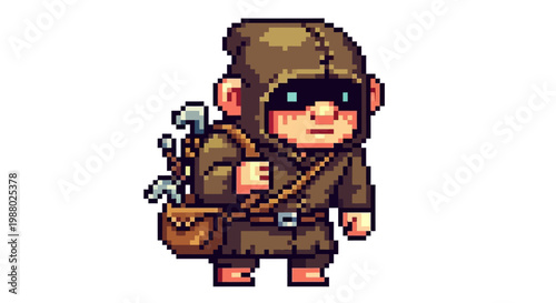 Pixel Art Character of a Hooded Thief with Tools.