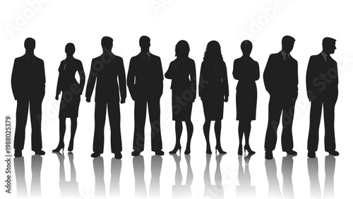 A group of business professionals are depicted as silhouettes standing in a row