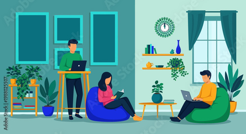 People working and studying in a modern home office environment.