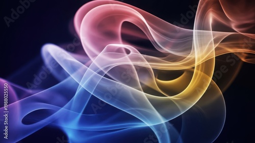 Abstract colorful smoke swirls on black background, vibrant rainbow vapor trails, ethereal flowing silk texture, cinematic mystical gas plumes