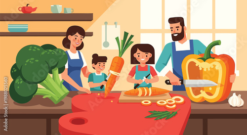 Family cooking, kitchen vector, colorful illustration, healthy food prep