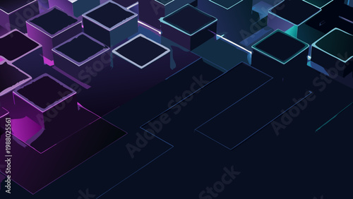 Abstract geometric background featuring glowing purple and teal cubic structures