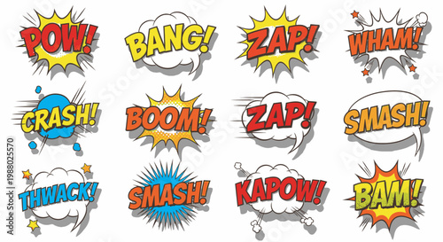 Colorful comic book sound effects and explosion bubbles set