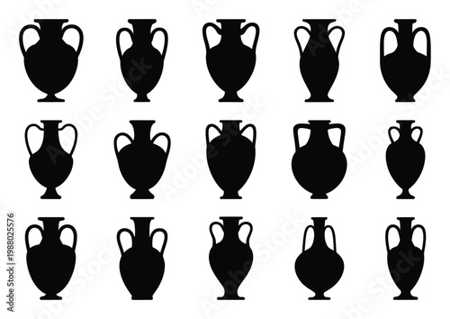Collection of Black Silhouettes of Ancient Amphorae Vases