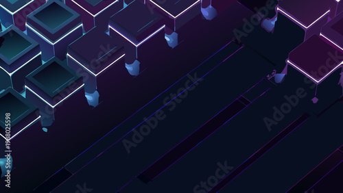 Abstract geometric background with glowing neon cubes and dark blue gradients