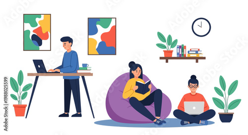 People working and studying in a modern home office setting.