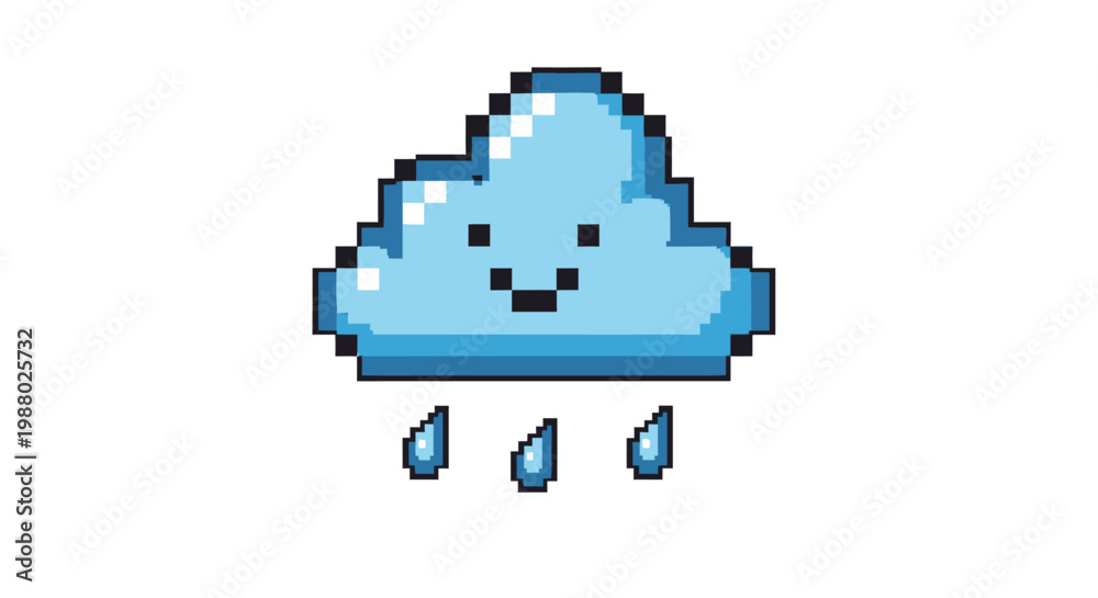 Fototapeta premium Pixel art cloud raining with a happy face.