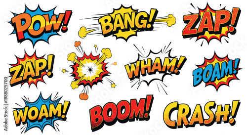 Colorful comic book sound effects and explosion speech bubbles