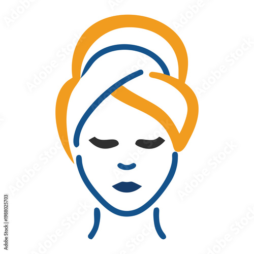 Woman face with towel on head spa treatment beauty icon blue and orange lines on white background vector.