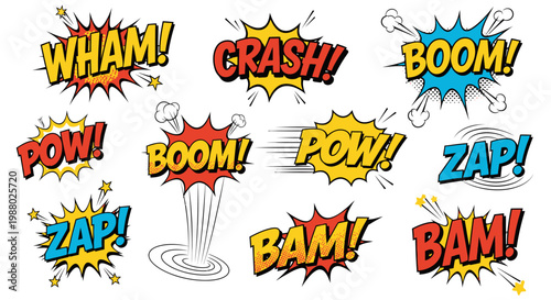 Colorful comic book sound effects and onomatopoeia bubbles set