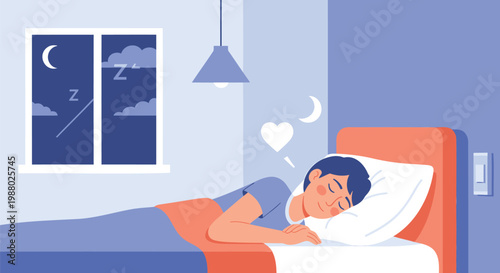 Sleeping woman, bedtime, peaceful slumber, night scene, vector illustration