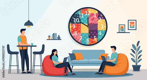 People working on laptops in a modern coworking space.