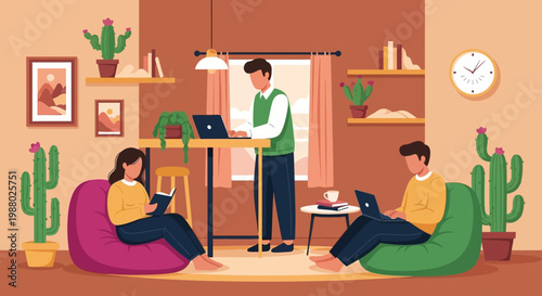 People working and relaxing in a modern home office setting.