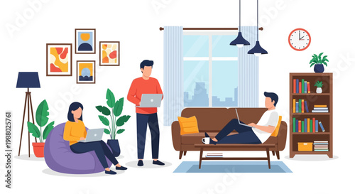 People working remotely in a modern living room setting.