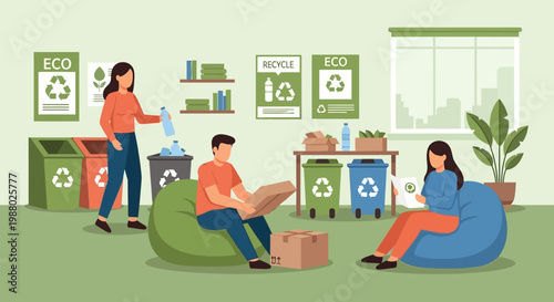 People recycling and sorting waste in eco-friendly office.