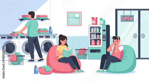 People relaxing and doing laundry at a laundromat.