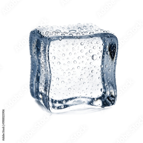 clear ice cube with water droplets on white background