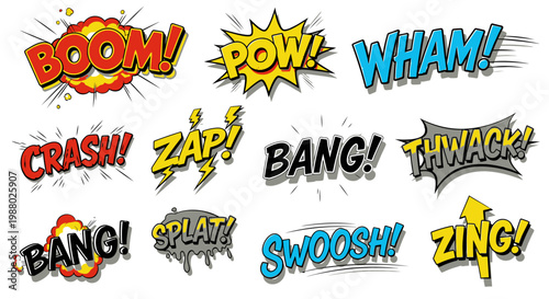 Colorful comic book sound effects and onomatopoeia bubbles set