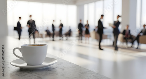 Close-Up Coffee Scene – White Cup and Saucer on Light Stone Surface