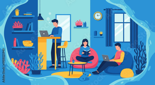 People working and relaxing in a modern living room.