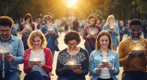 People connecting with devices in urban setting