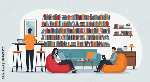 People working and relaxing in a modern library setting.