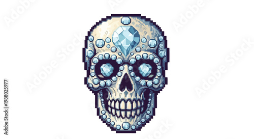 Pixel Art Crystal Skull With Gemstones And Diamonds.